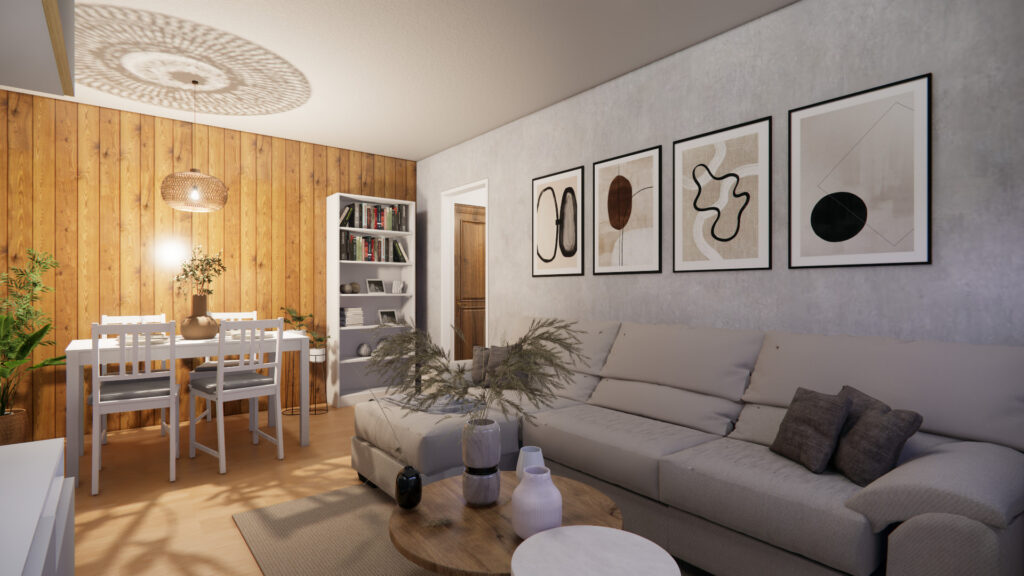 Sala comedor de concepto abierto con un sofá, mesa comedor y pared de madera.