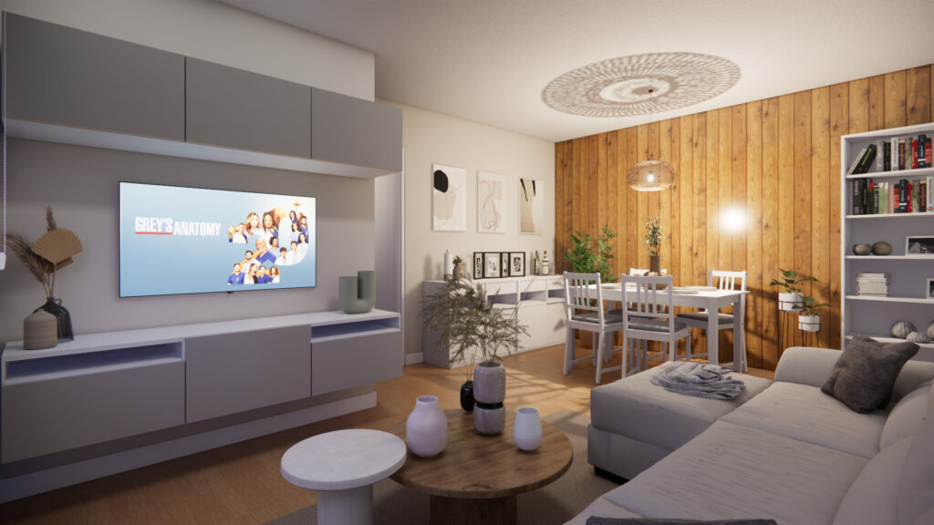 Área de la sala y comedor del apartamento en Madrid, empleando estilo Japandi. En el render se observa un mueble de televisión, sofá y mesa comedor.