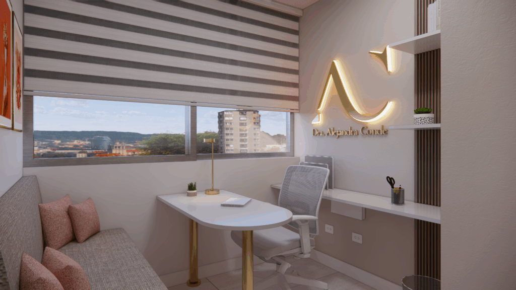 Diseño de consultorio con paleta neutra, mobiliario elegante y luz natural para reducir la tensión clínica del paciente.