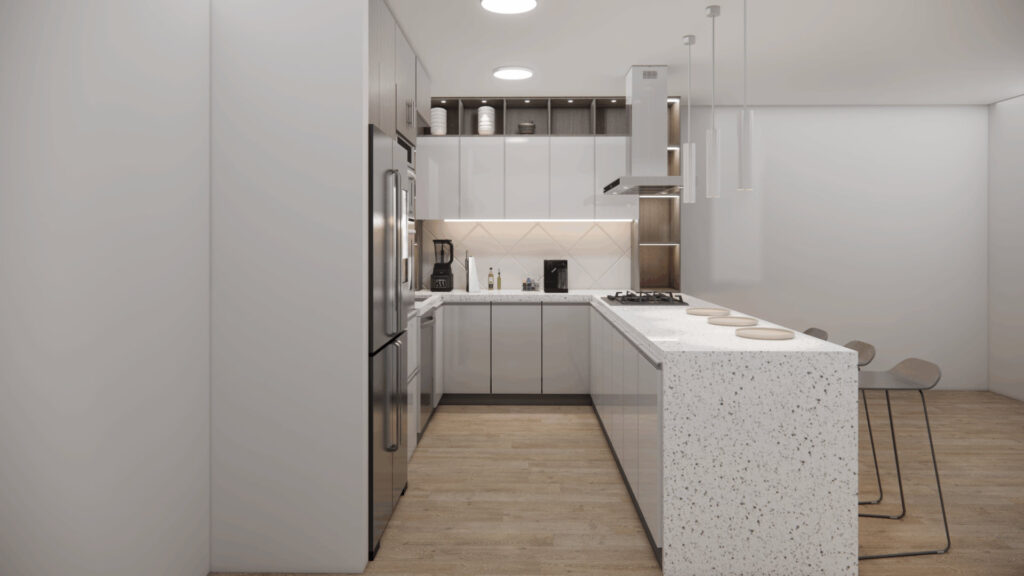 Diseño de cocina moderna con isla de cuarzo blanco, gabinetes superiores de madera clara e inferiores en tonos neutros. Incluye electrodomésticos empotrados, iluminación LED y banquetas altas en un espacio abierto y luminoso.
