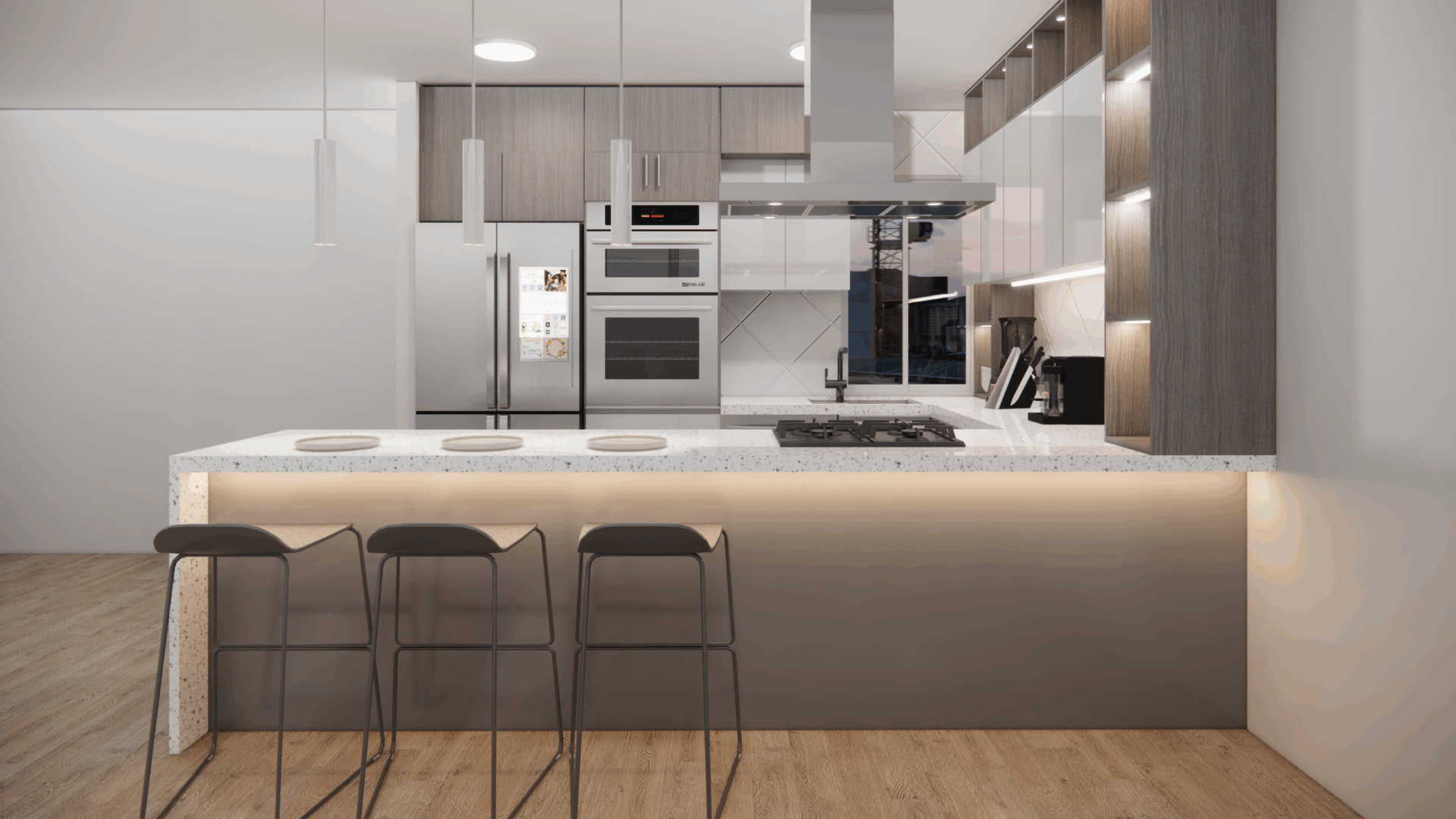 Diseño de cocina moderna con isla en tonos neutros y madera clara. Vista de la barra con taburetes, gabinetes de cocina y electrodomésticos integrados en un proyecto contemporáneo de la arquitecta Daniela Ferrer en Madrid.