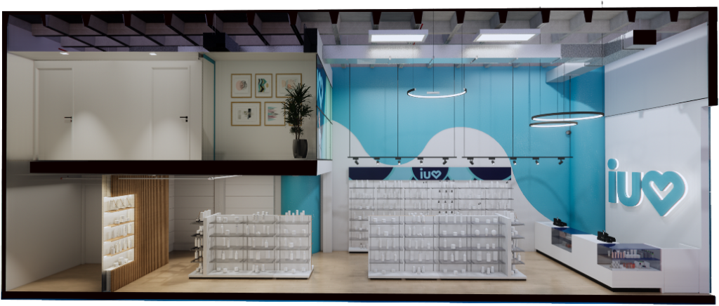 Diseño interiores 3D de Iuventus Store con doble altura, estanterías blancas y pared azul vibrante.