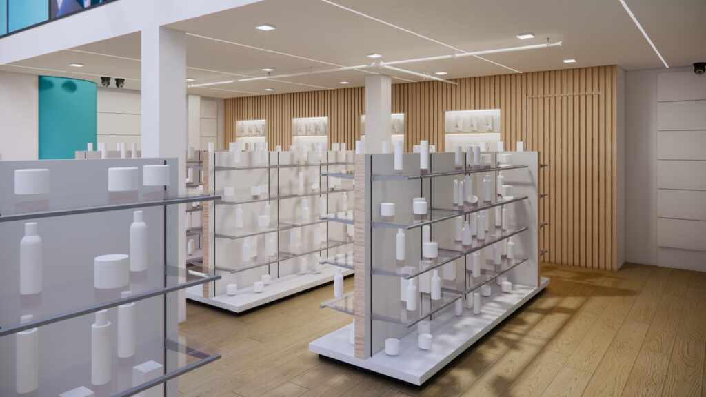 Render fotorrealista del diseño de interiores para la tienda comercial Iuventus Store en el Sambil la Candelaria, Caracas. Muestra modernos exhibidores de diseño de espacios comerciales, suelos de madera clara, paneles de listones de madera y productos de cosmética, con una estética contemporánea y serena.