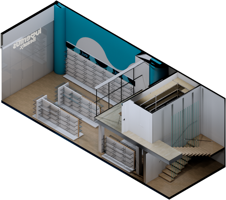 Un render 3D axonometrico (vista isométrica "dollhouse") de la tienda "Iuventus Beauty" en el Sambil la Candelaria, Caracas. La imagen muestra el diseño interior completo de dos niveles. El nivel principal tiene estanterías de exhibición de productos, pisos de madera clara, y una gran pared de acento azul turquesa con el logo de "Iuventus Beauty". Una escalera escultural de madera y metal conduce a una mezzanina que funciona como área de almacenamiento y oficinas. La paleta de colores es minimalista, combinando blanco, turquesa vibrante y texturas de madera.